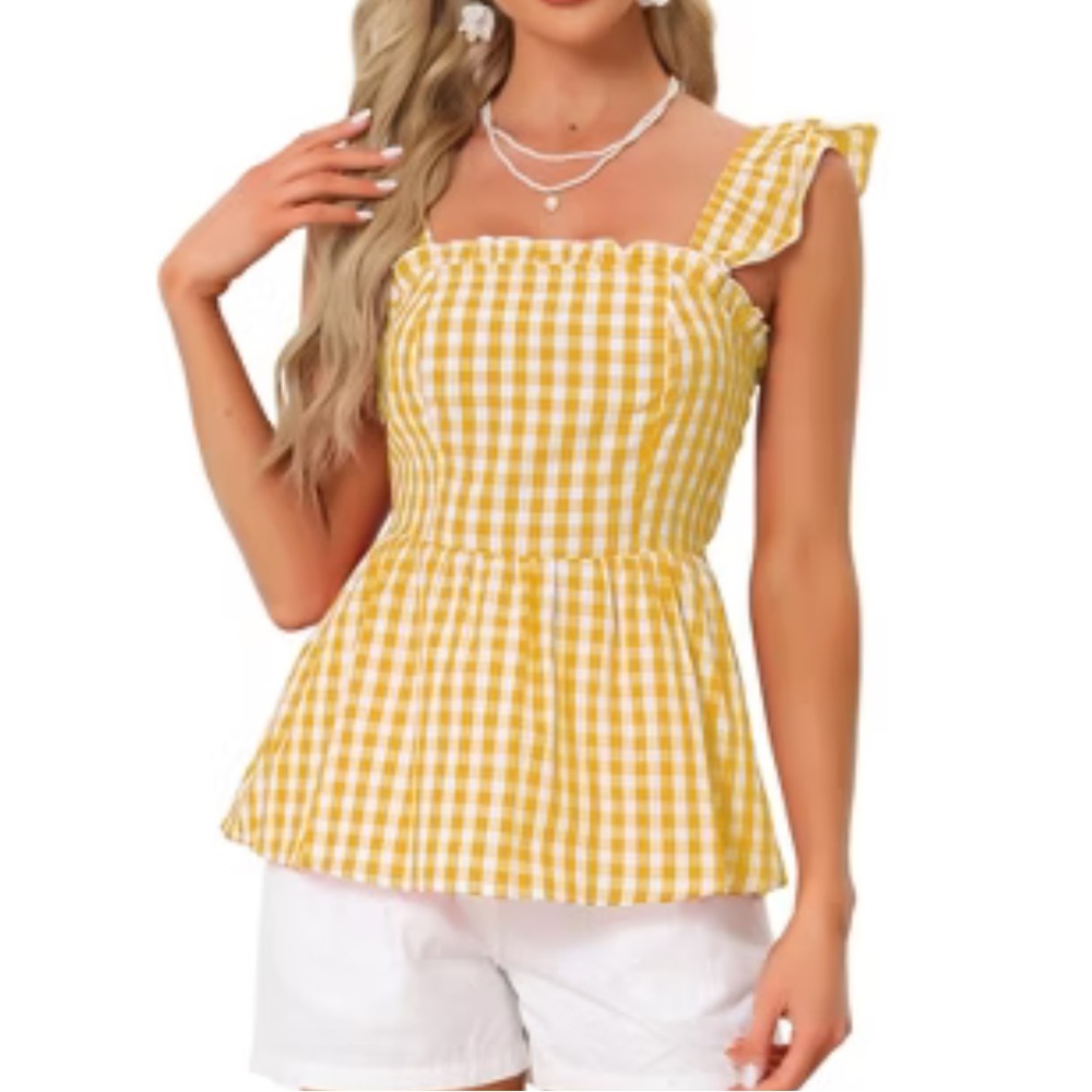 Inspire Chic Women's‎ Summer Square Neck Sleeveless Plaid Gingham Peplum Top